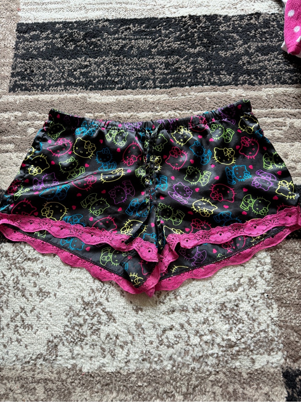 Women’s Hello Kitty Black Neon Print pj Shorts with Pink Lace Trim